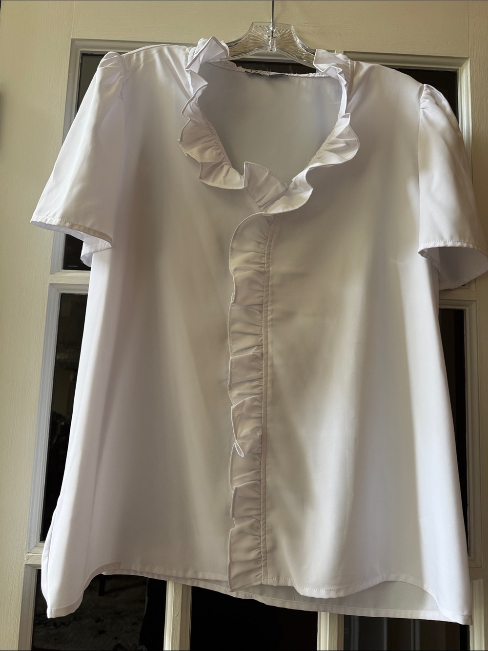 Lightweight White Ruffle-Trim Short Sleeve Blouse